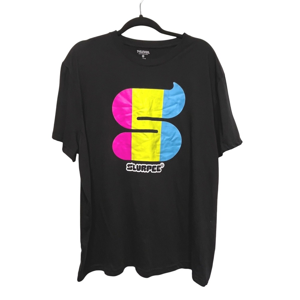 7-Eleven Slurpee Graphic T-Shirt Mens 2X Black Pink Yellow Blue Logo Tee